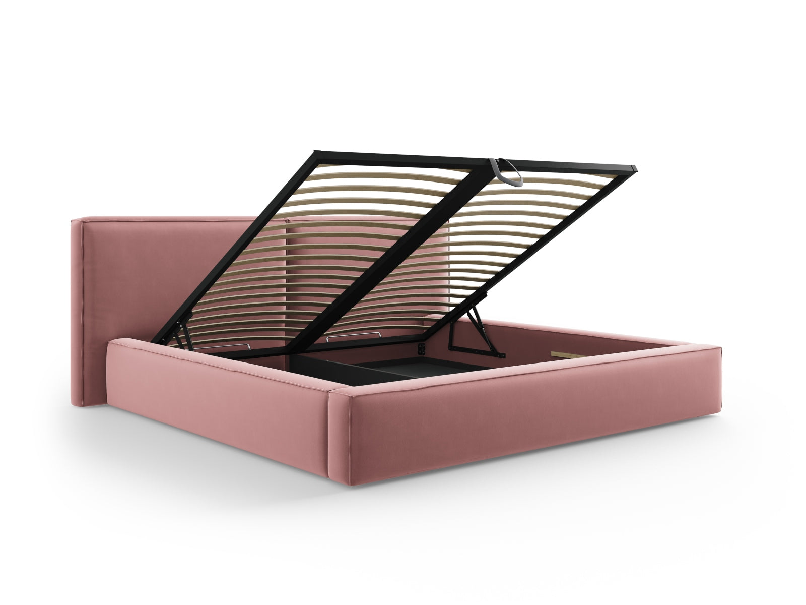 Stilvolles Jodie Velour Bett mit praktischem Stauraum und doppeltem Kopfteil, ideal für modernes Schlafzimmerdesign.