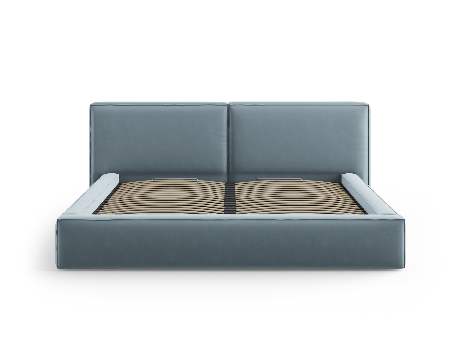 Elegantes Jodie Velour Bett in sanftem Hellblau, bietet großzügigen Stauraum und ein komfortables, doppeltes Kopfteil für stilvolle Schlafzimmer.