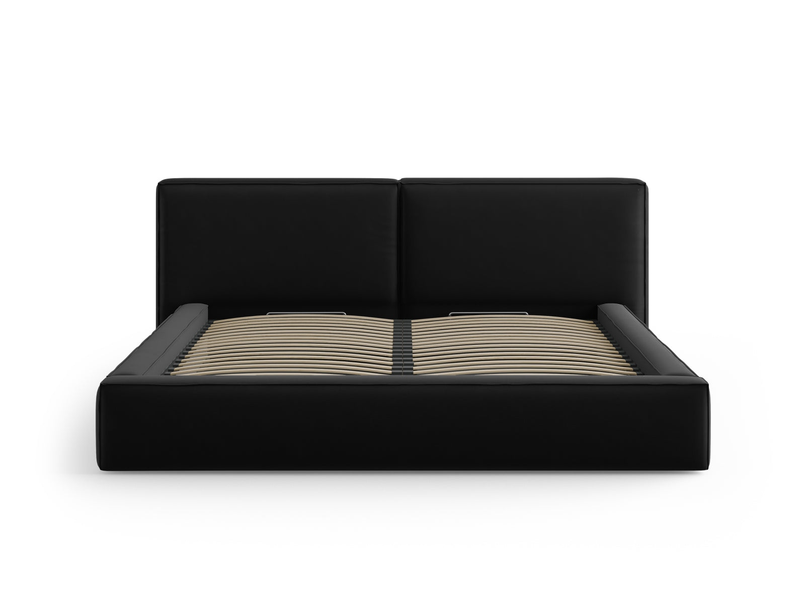 Elegantes Jodie Velour Bett in Schwarz-Bluvel, bietet praktischen Stauraum und ein stilvolles doppeltes Kopfteil für maximalen Komfort.