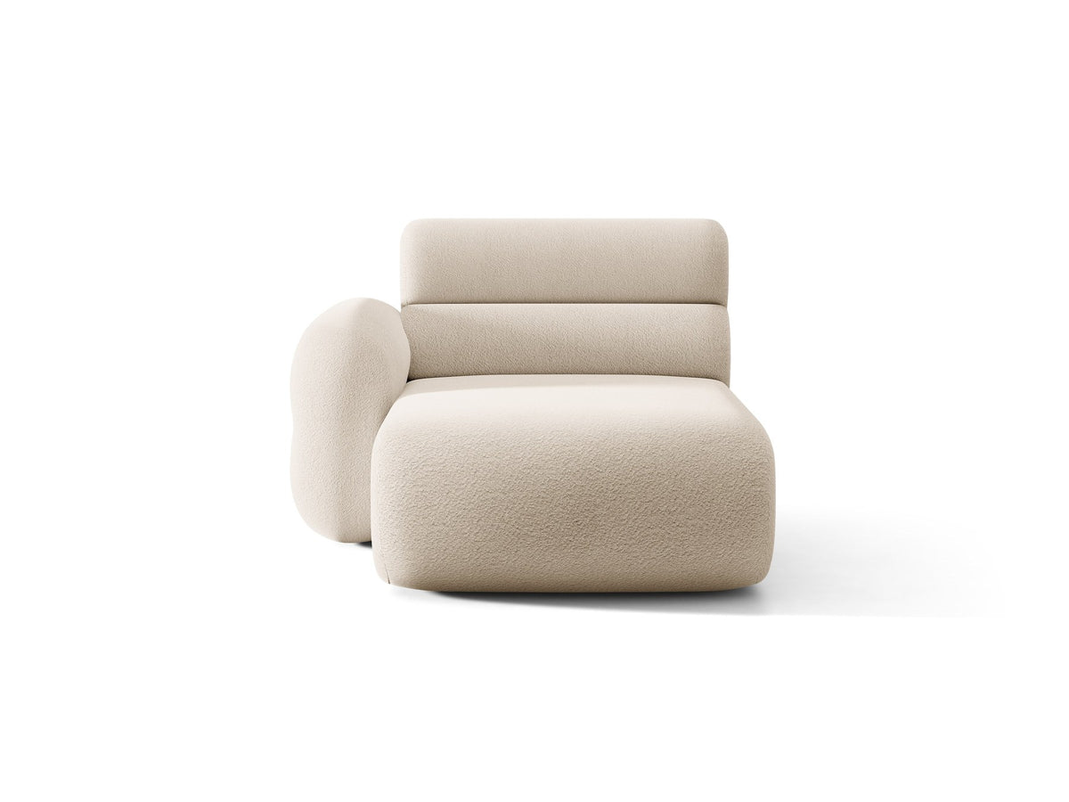Foto zeigt das Neo Sofamodul Chaiselongue links von Micadoni in dunklem Olivgrün mit Bouclé-Stoff, schwarzen Kunststoffbeinen und hoher Rückenlehne.