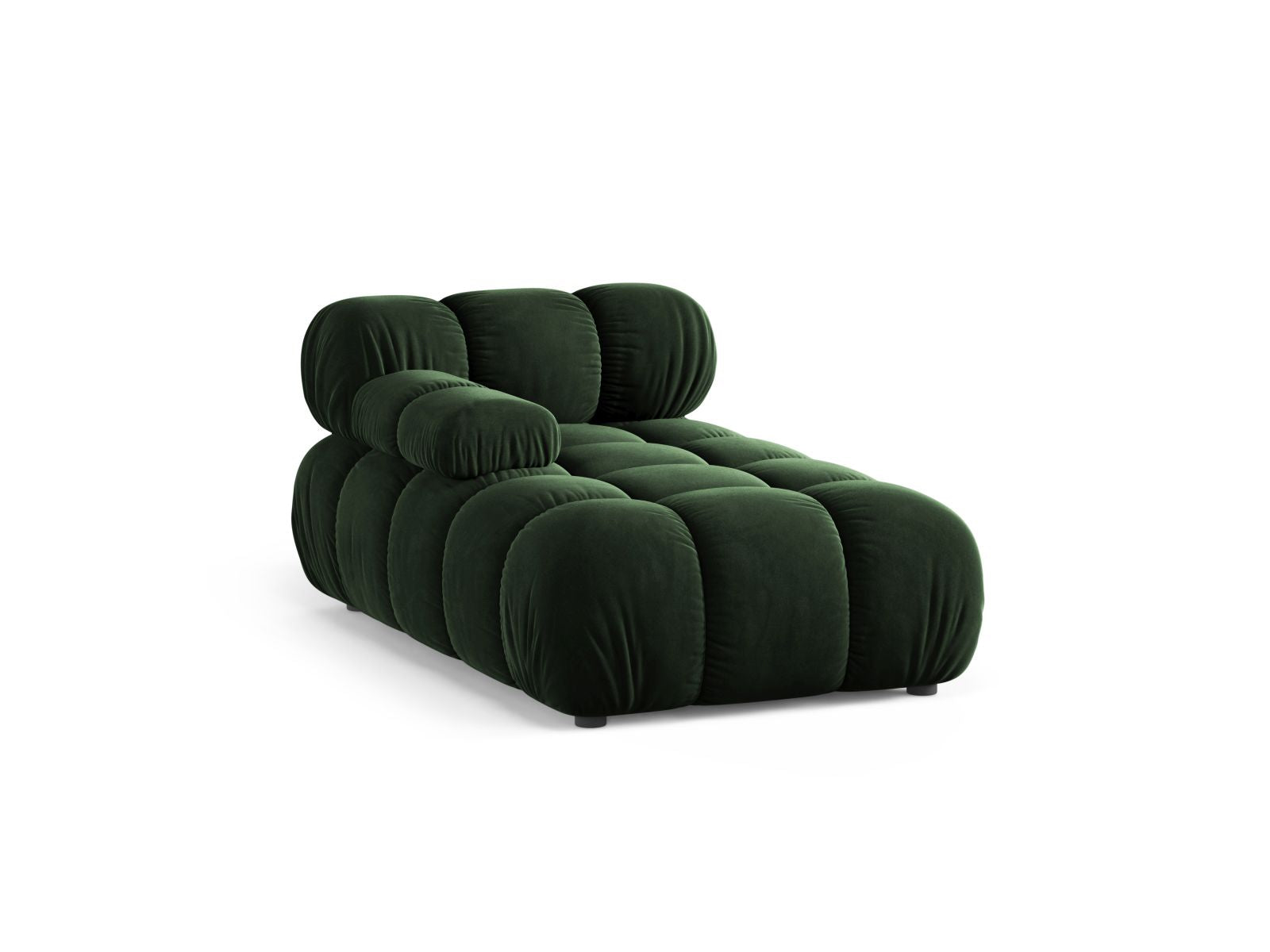 Elegante linke Chaise Longue Bellis in sattem Flaschengrün, ideal für stilvolle Wohnräume. Teil der modularen Sofaserie von Micadoni.