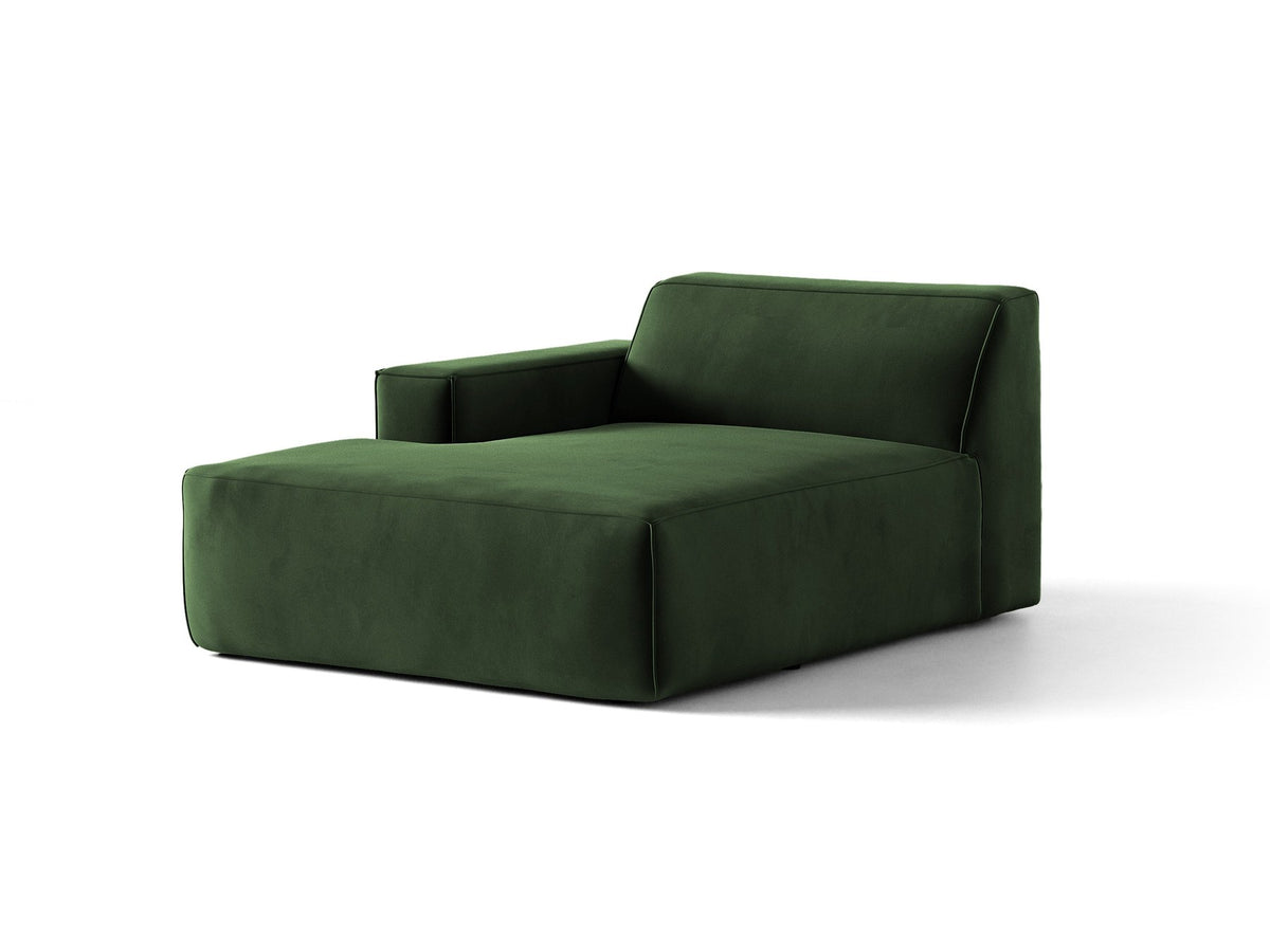 Jodie Chaiselongue von Micadoni in leichtem Beige, Venus-Samtstoff-Bezug, schwarze Kunststoffbeine, modulares Sofa-Element mit linker Ausrichtung.