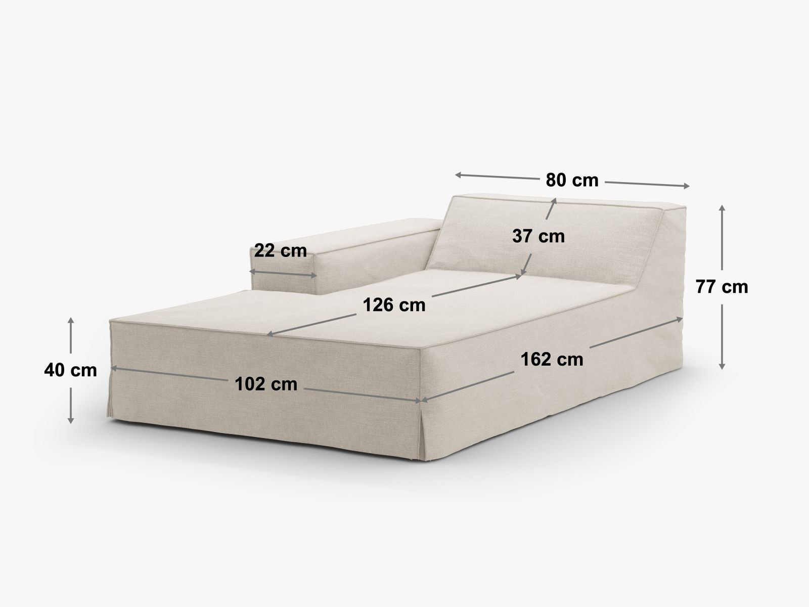 Elegante, bequeme Jodie Modular Chaise Longue links 1 Sitzer in Beige, ideal für stilvolle Wohnräume und individuelle Gestaltung.