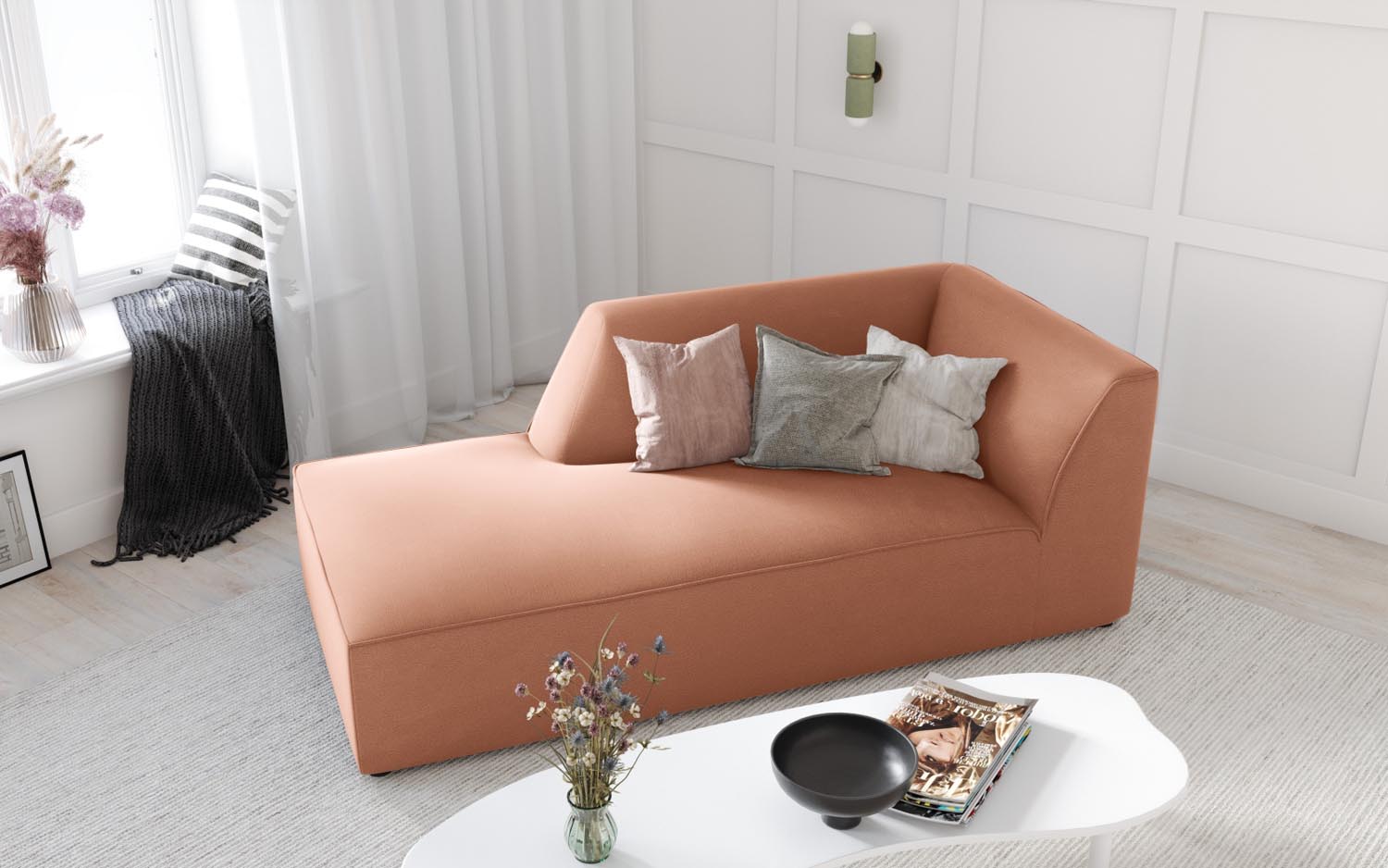Elegantes Ruby Velour Sofa Chaise Lounge links mit einem modernen Design in sanften Pinktönen, ideal für stilvolle Wohnräume.