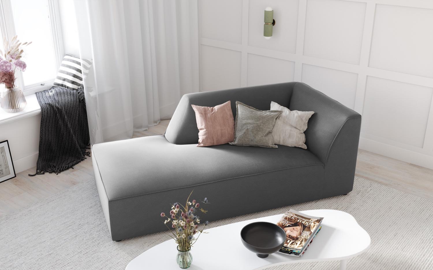 Elegantes Ruby Velour Sofa Chaise Lounge links mit modernem Design, ideal für stilvolle Wohnräume. Hochwertige Verarbeitung und Komfort.