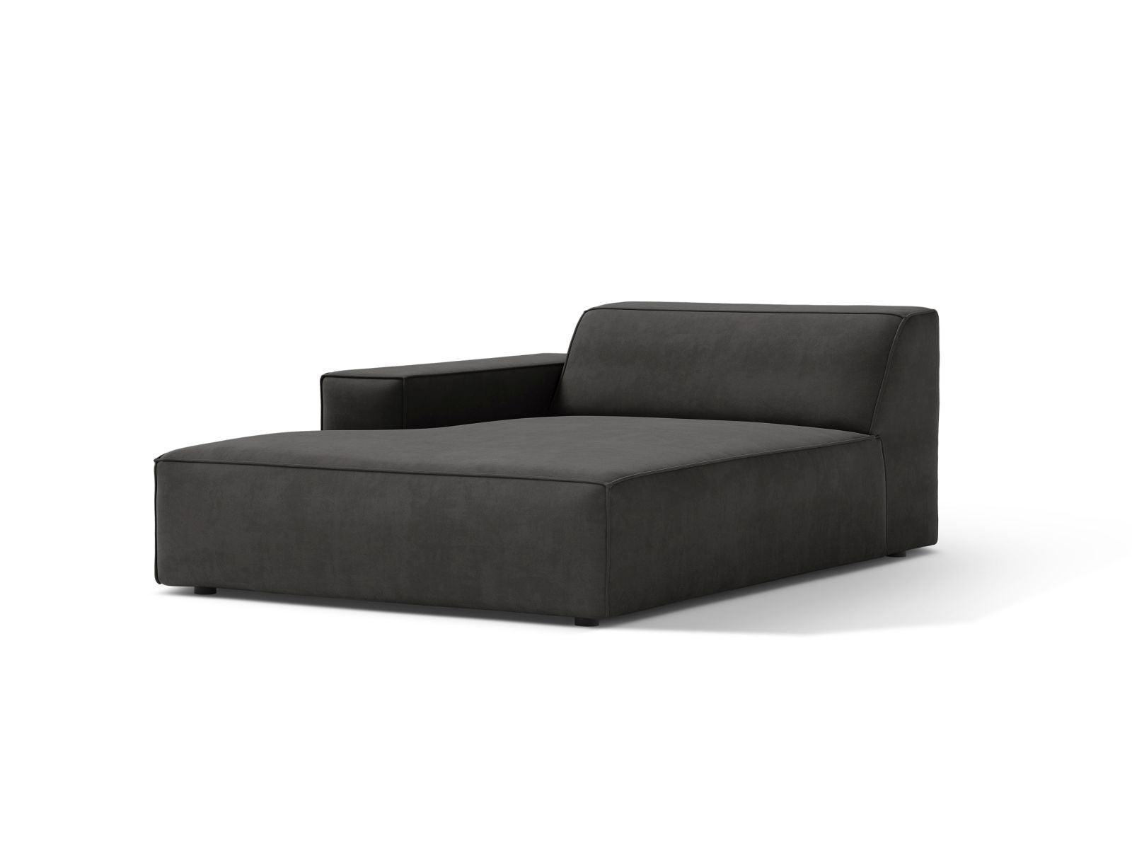 Elegante 1-Sitzer Chaise Longue Links Jodie in stilvollem Grau-Bluvel, ideal für moderne Wohnräume und vielseitige Sofa-Kombinationen.