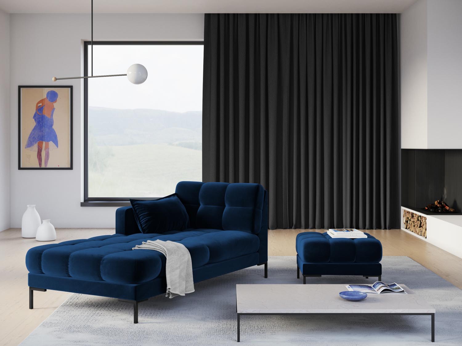 Mamaia Velour Sofa Chaise Lounge links 1 Sitz in Royal Blue/Schwarz präsentiert im Onlineshop von KAQTU Design AG. L-Sofa links ist von Micadoni