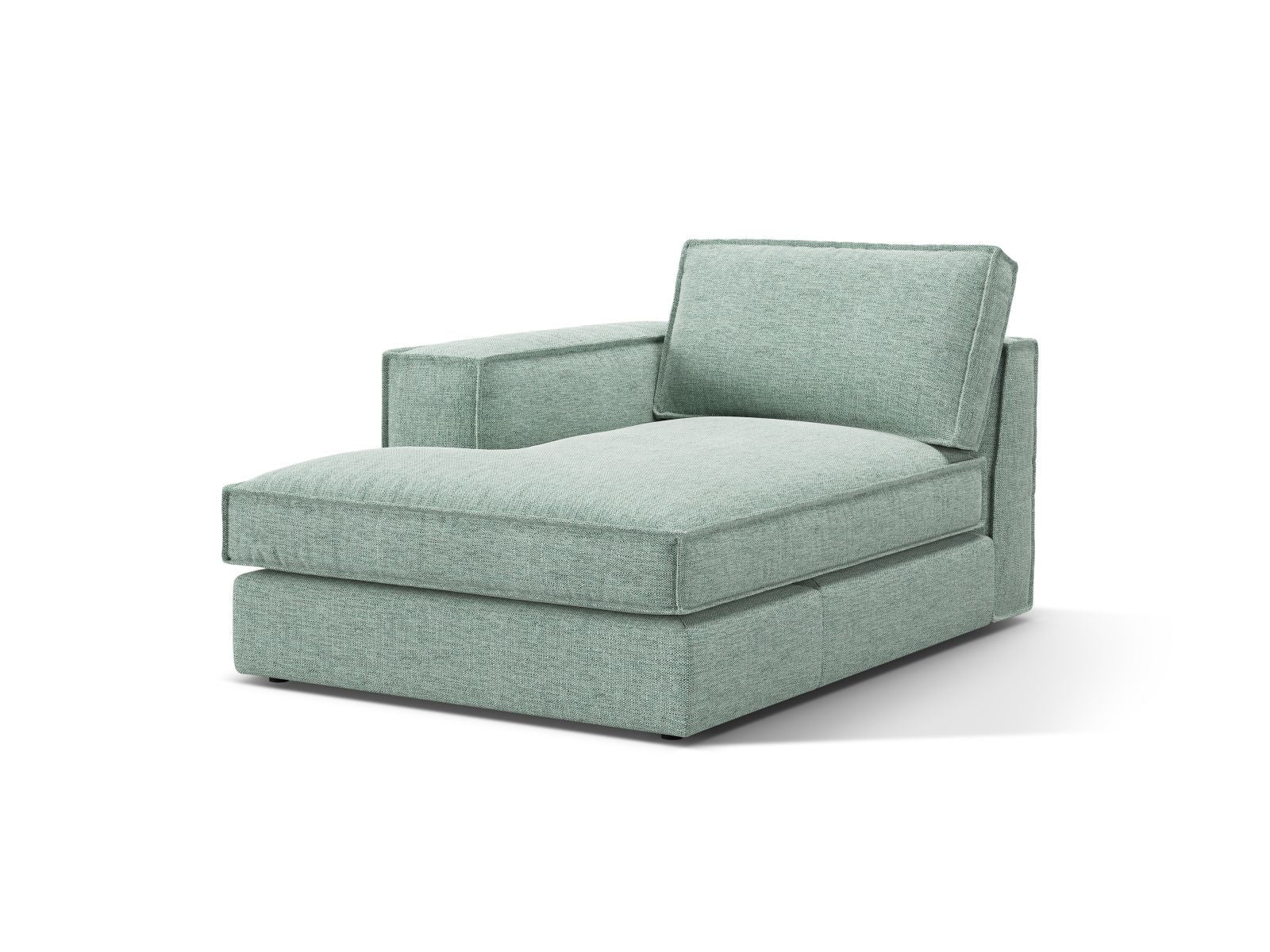 Elegante linke Chaise Longue Pola in Mintgrün, ideal für stilvolle Wohnräume. Teil der modularen Sofaserie von Micadoni.