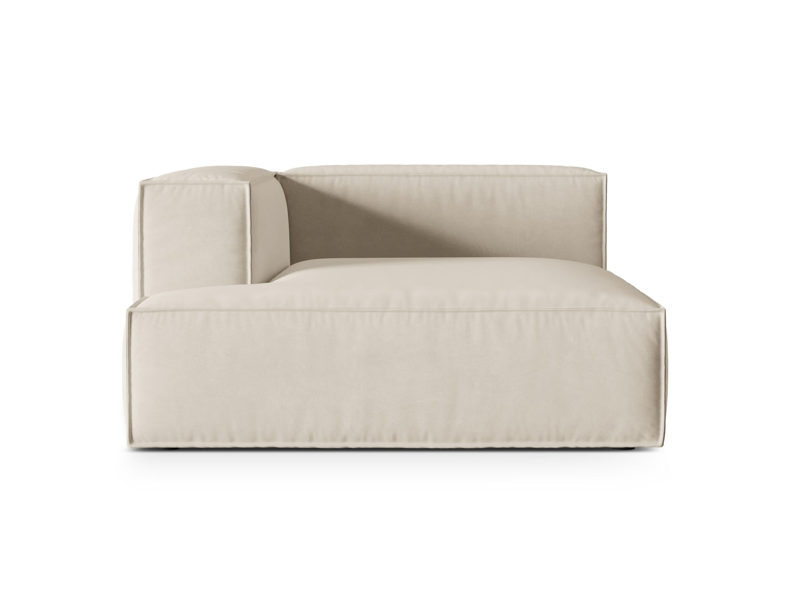 Elegante Nuria Velour Chaise Longue links in sanftem Beige, ideal für stilvolle Interiors und entspannende Momente. Hochwertige Qualität von Micadoni.