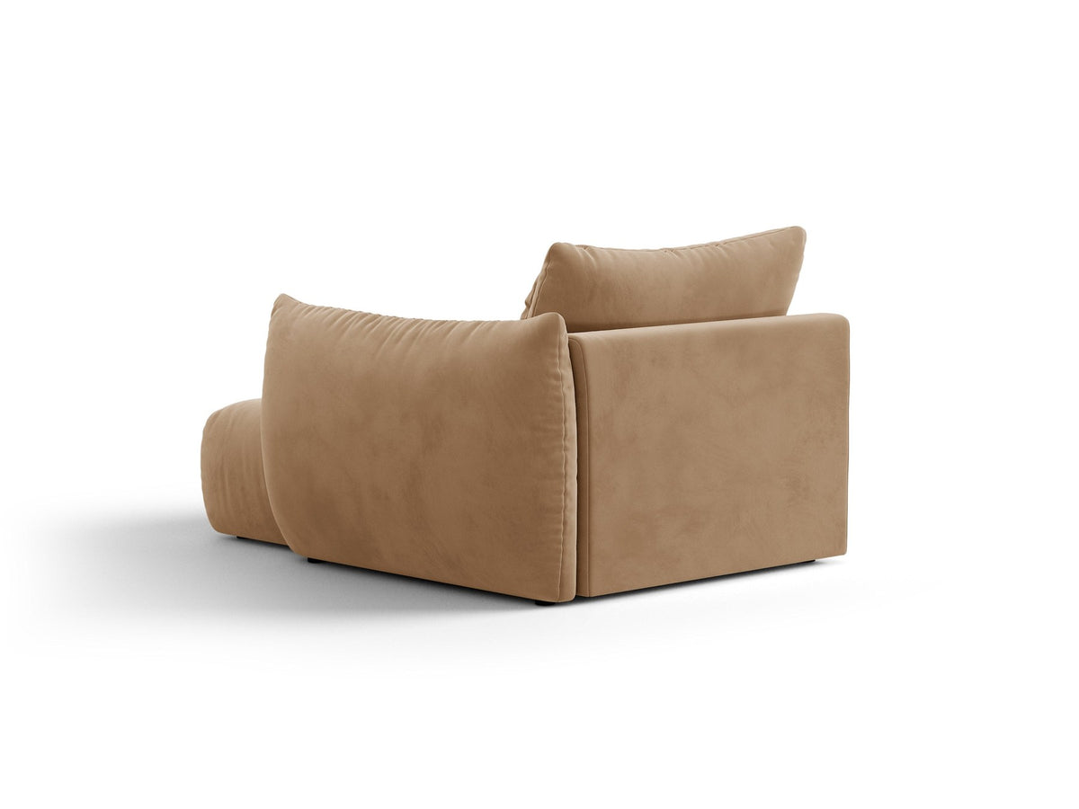 Modulares Sofa Bloom Chaiselongue von Micadoni in leichtem Beige mit Casino-Velours-Bezug, schwarzen Kunststoffbeinen und rechter Ausrichtung.