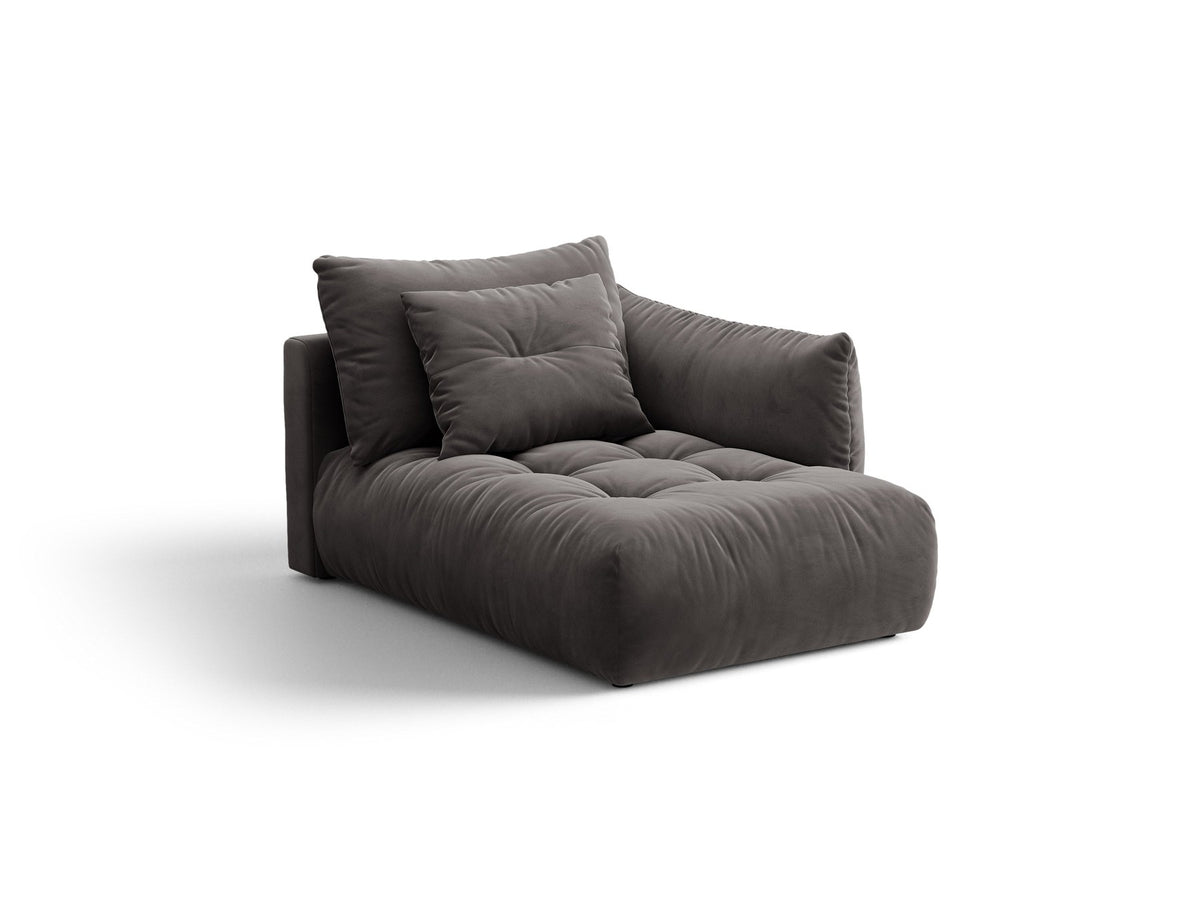 Modulares Sofa Bloom Chaiselongue von Micadoni in leichtem Beige mit Casino-Velours-Bezug, schwarzen Kunststoffbeinen und rechter Ausrichtung.