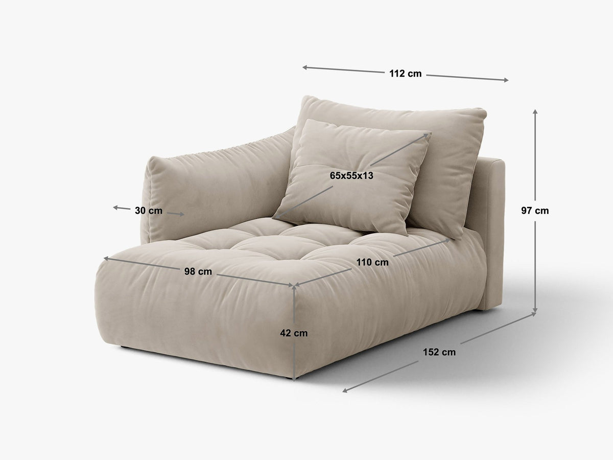 Modulares Sofa Bloom Chaiselongue von Micadoni in leichtem Beige mit Casino-Velours-Bezug, schwarzen Kunststoffbeinen und rechter Ausrichtung.