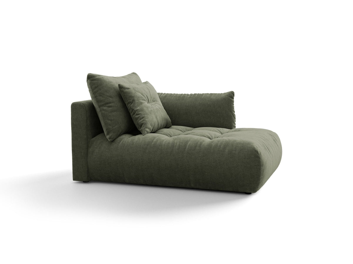 Modulares Sofa Bloom Chaiselongue von Micadoni in leichtem Beige mit Casino-Velours-Bezug, schwarzen Kunststoffbeinen und rechter Ausrichtung.