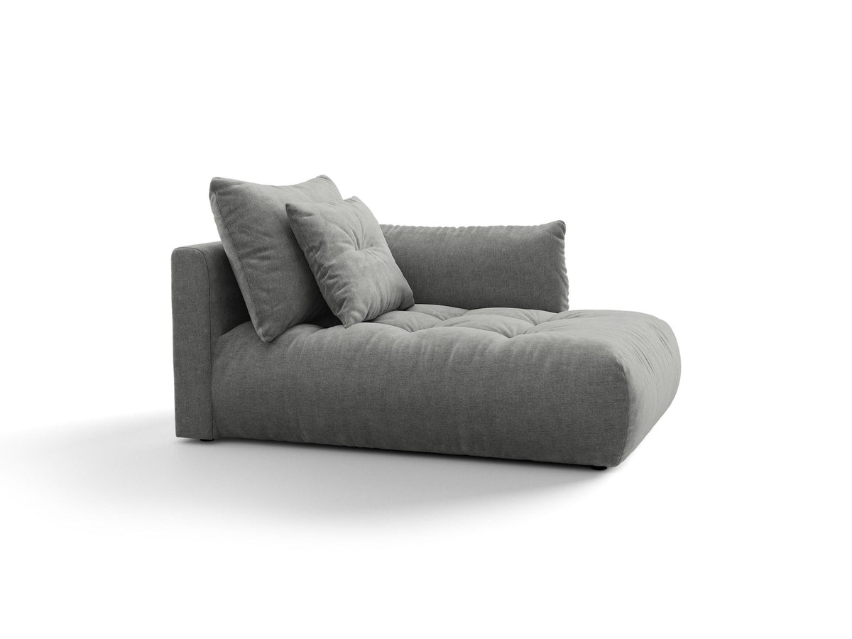 Modulares Sofa Bloom Chaiselongue von Micadoni in leichtem Beige mit Casino-Velours-Bezug, schwarzen Kunststoffbeinen und rechter Ausrichtung.