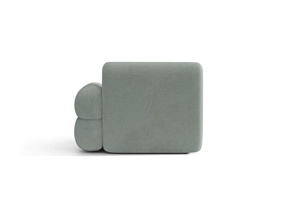 Modulares Sofa Neo Chaiselongue von Micadoni in dunklem Olivgrün mit strukturiertem Stoff und schwarzen Kunststoffbeinen, rechts ausgerichtet.