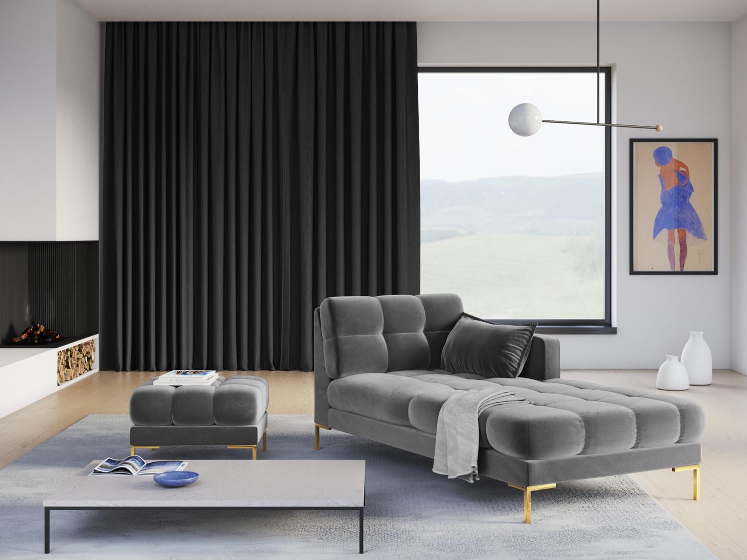 Mamaia Velour Sofa Chaise Lounge rechts 1 Sitz in Light Grey/Gold präsentiert im Onlineshop von KAQTU Design AG. L-Sofa rechts ist von Micadoni