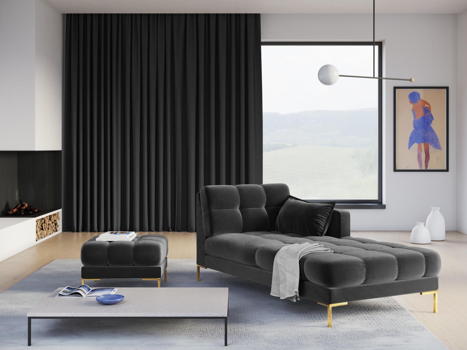 Mamaia Velour Sofa Chaise Lounge rechts 1 Sitz in Dark Grey/Gold präsentiert im Onlineshop von KAQTU Design AG. L-Sofa rechts ist von Micadoni
