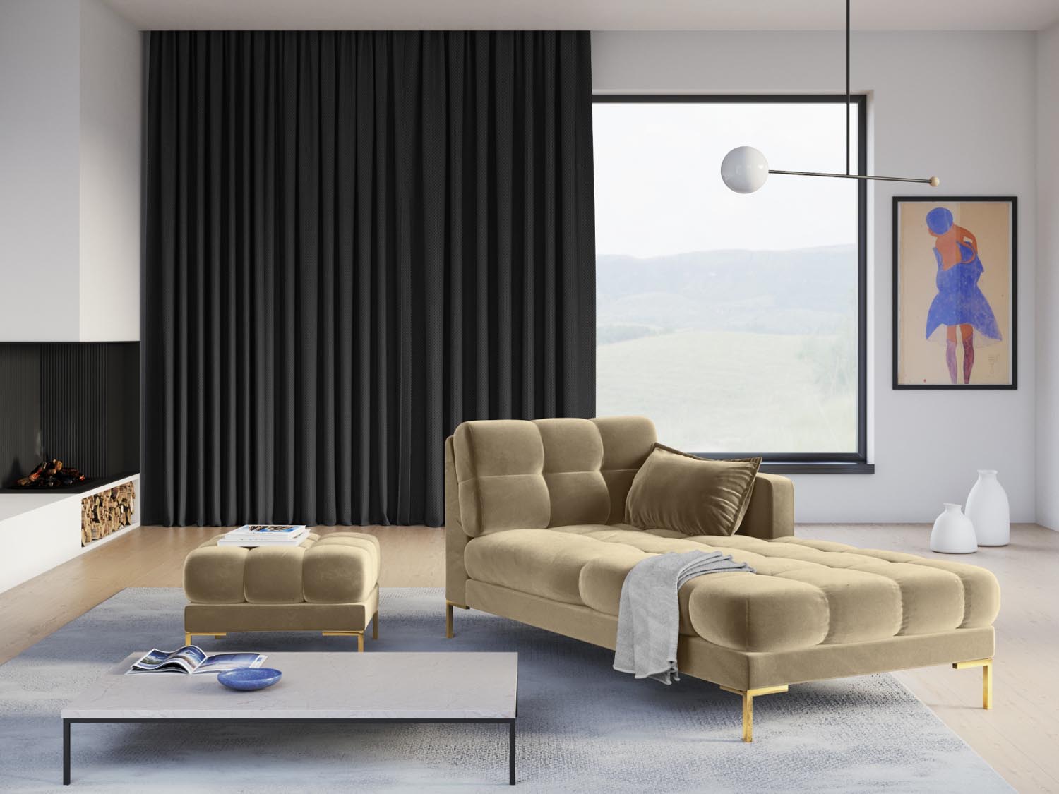 Mamaia Velour Sofa Chaise Lounge rechts 1 Sitz in Beige/Gold präsentiert im Onlineshop von KAQTU Design AG. L-Sofa rechts ist von Micadoni