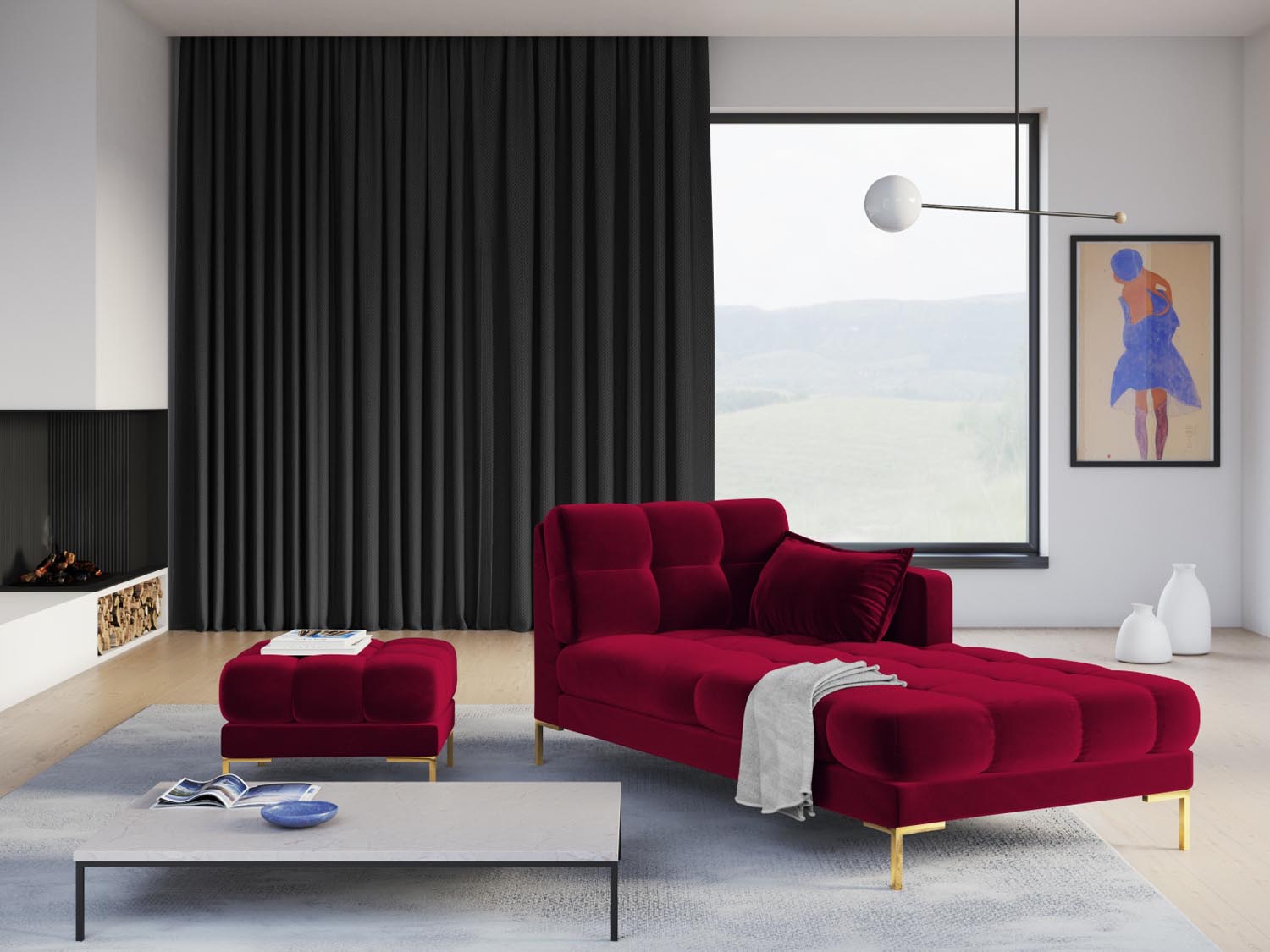 Mamaia Velour Sofa Chaise Lounge rechts 1 Sitz in Red/Gold präsentiert im Onlineshop von KAQTU Design AG. L-Sofa rechts ist von Micadoni