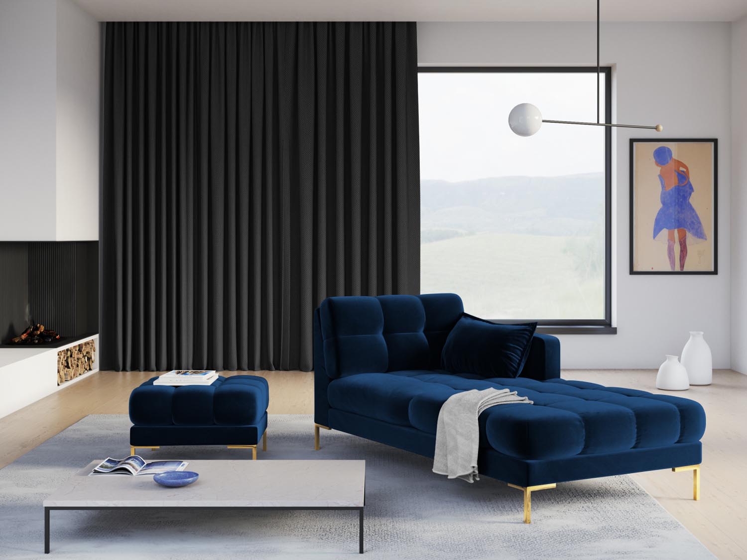 Mamaia Velour Sofa Chaise Lounge rechts 1 Sitz in Royal Blue/Gold präsentiert im Onlineshop von KAQTU Design AG. L-Sofa rechts ist von Micadoni