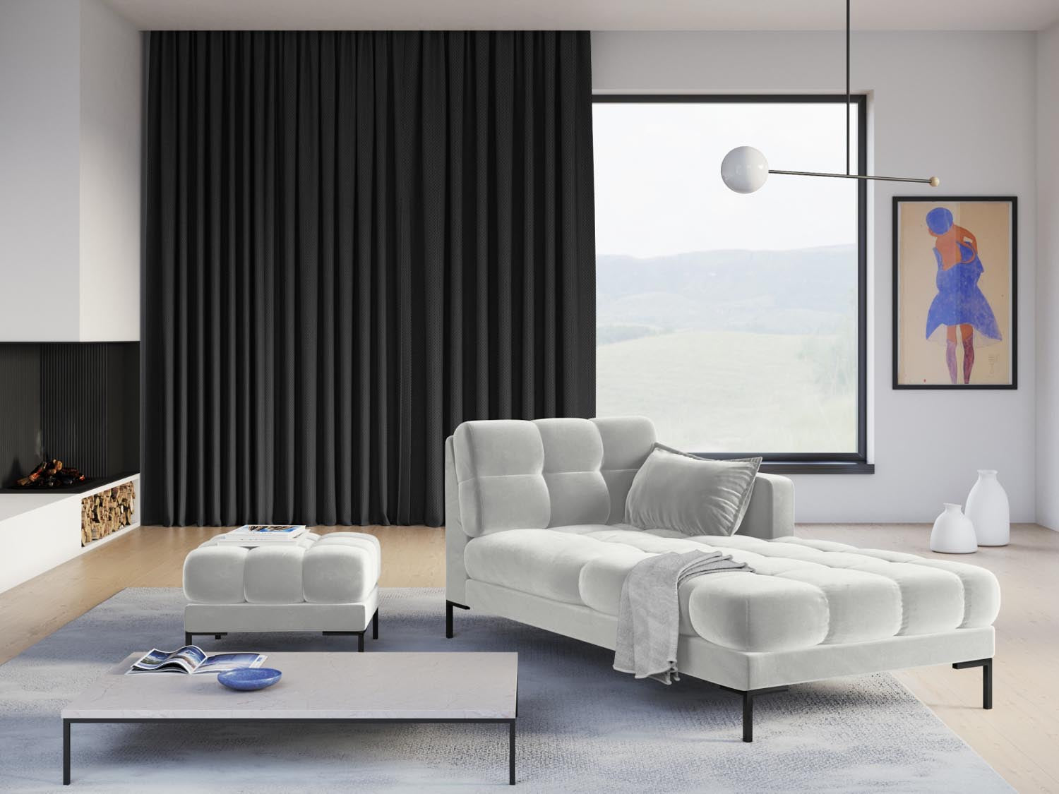 Mamaia Velour Sofa Chaise Lounge rechts 1 Sitz in Silver/Schwarz präsentiert im Onlineshop von KAQTU Design AG. L-Sofa rechts ist von Micadoni