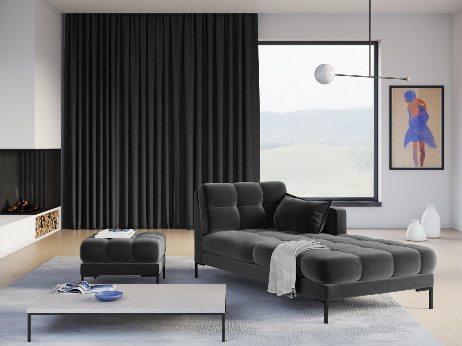 Mamaia Velour Sofa Chaise Lounge rechts 1 Sitz in Dark Grey/Schwarz präsentiert im Onlineshop von KAQTU Design AG. L-Sofa rechts ist von Micadoni