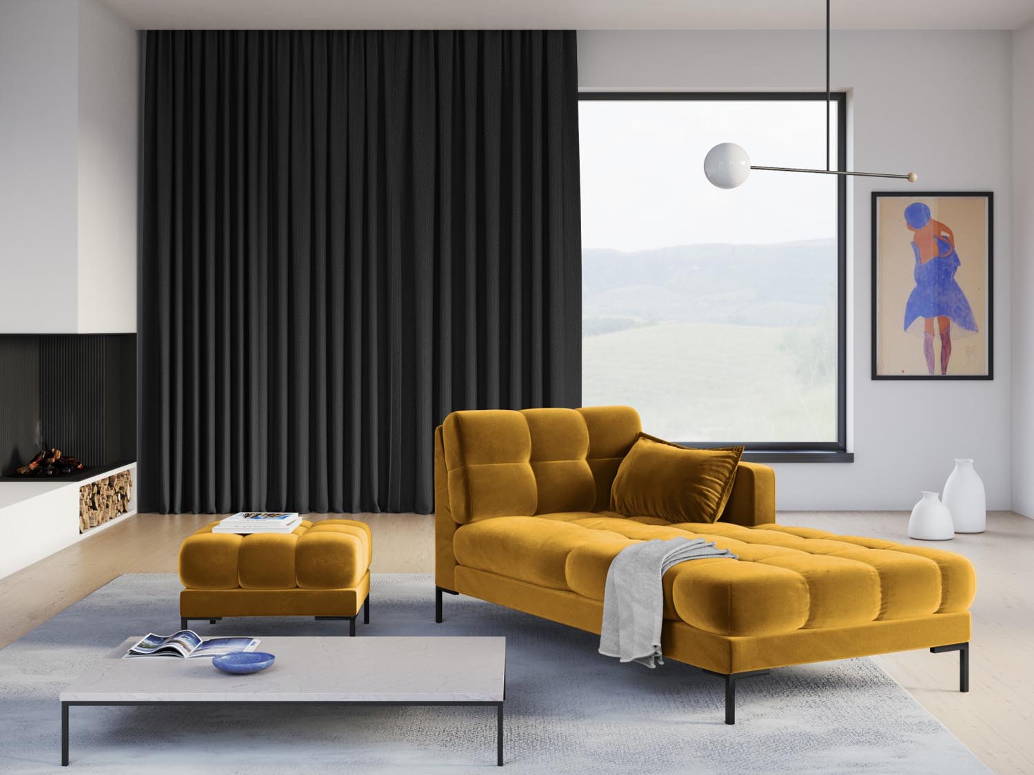 Mamaia Velour Sofa Chaise Lounge rechts 1 Sitz in Yellow/Schwarz präsentiert im Onlineshop von KAQTU Design AG. L-Sofa rechts ist von Micadoni