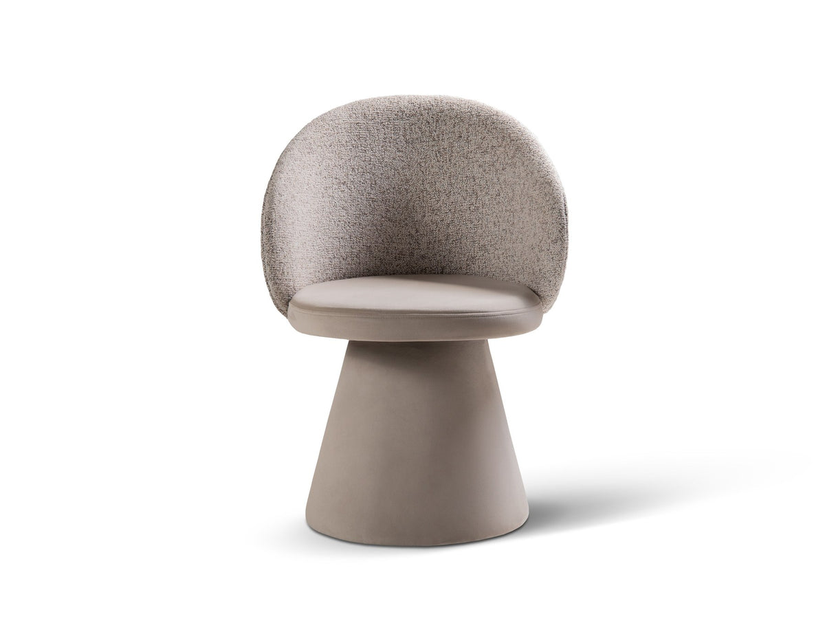 Drehstuhl Inez mit beige meliertem Bezug, Sitzfläche aus Samt, Rückenlehne aus strukturiertem Stoff, Beine aus Samt, geometrische Form.
