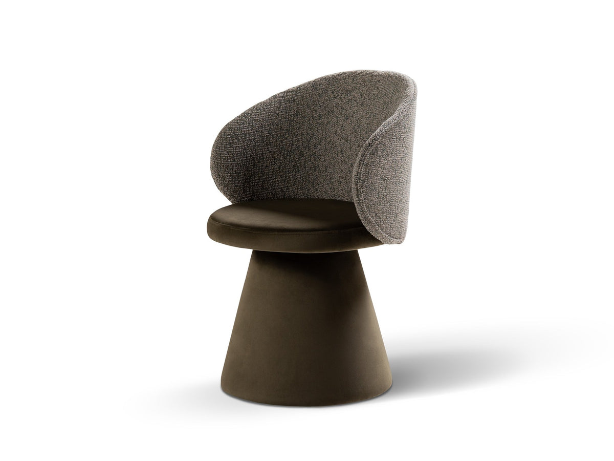 Drehstuhl Inez mit beige meliertem Bezug, Sitzfläche aus Samt, Rückenlehne aus strukturiertem Stoff, Beine aus Samt, geometrische Form.