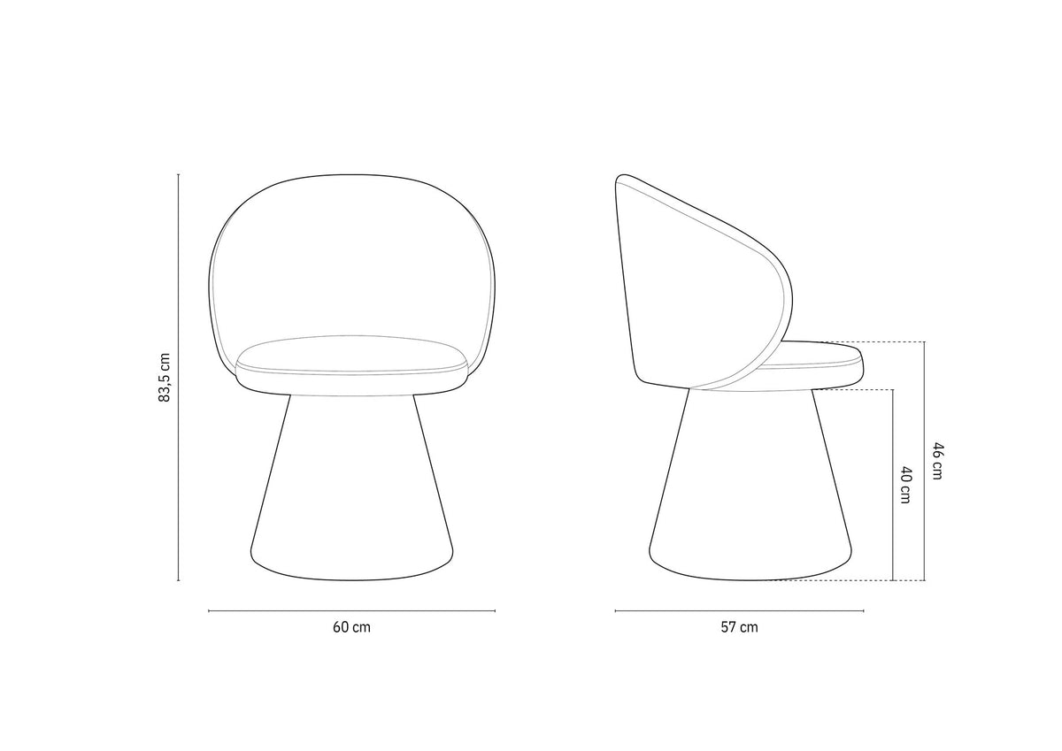 Drehstuhl Inez mit beige meliertem Bezug, Sitzfläche aus Samt, Rückenlehne aus strukturiertem Stoff, Beine aus Samt, geometrische Form.