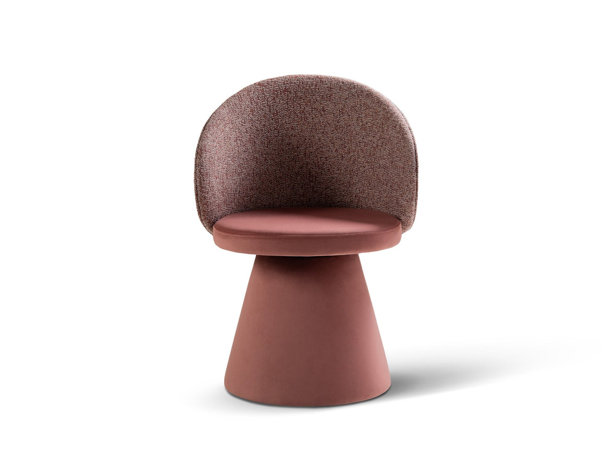 Drehstuhl Inez mit beige meliertem Bezug, Sitzfläche aus Samt, Rückenlehne aus strukturiertem Stoff, Beine aus Samt, geometrische Form.