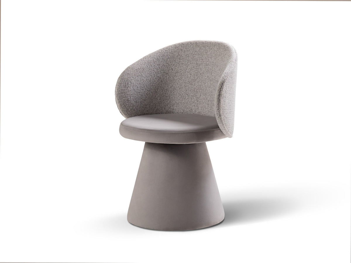 Drehstuhl Inez mit beige meliertem Bezug, Sitzfläche aus Samt, Rückenlehne aus strukturiertem Stoff, Beine aus Samt, geometrische Form.