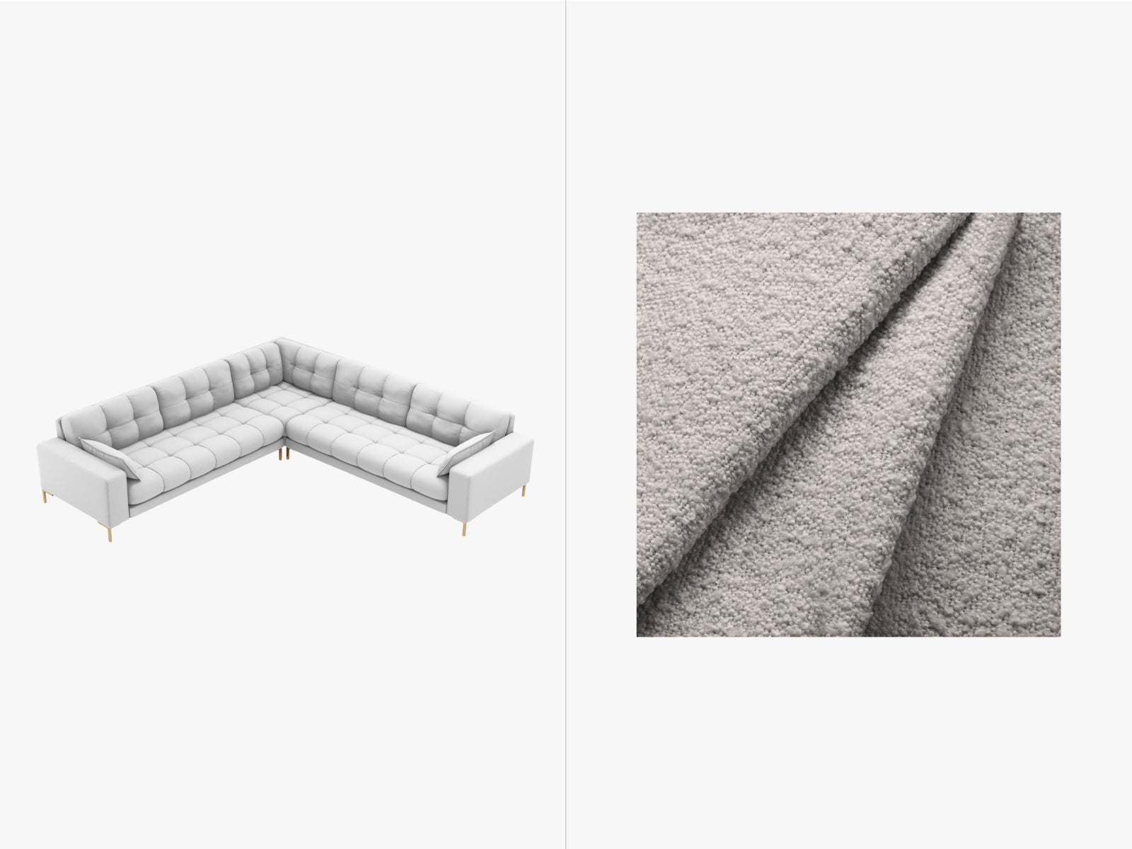 Mamaia Boucle Symmetrical Ecksofa 6 Sitzer in Light Grey/Gold präsentiert im Onlineshop von KAQTU Design AG. 3er Sofa ist von Micadoni