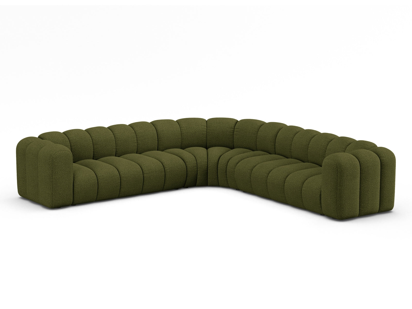 Elegantes, modulares Ecksofa für 6 Personen in dunklem Olivgrün, ideal für stilvolle Wohnräume und gemütliche Abende.