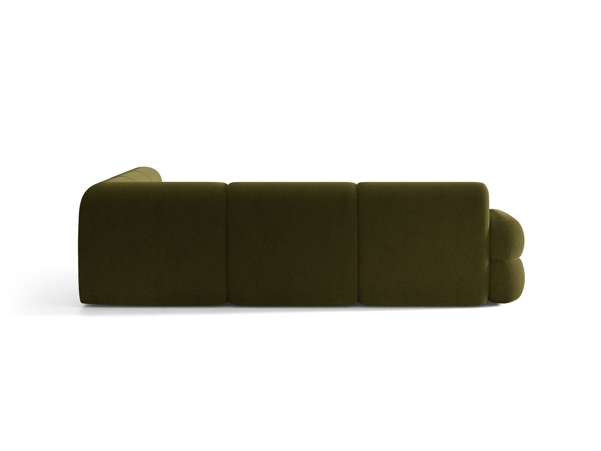 Dunkelolivgrünes modulares Ecksofa Neo von Micadoni mit Bouclé-Stoff, tiefem Sitz und hoher Rückenlehne, symmetrische Eckform.