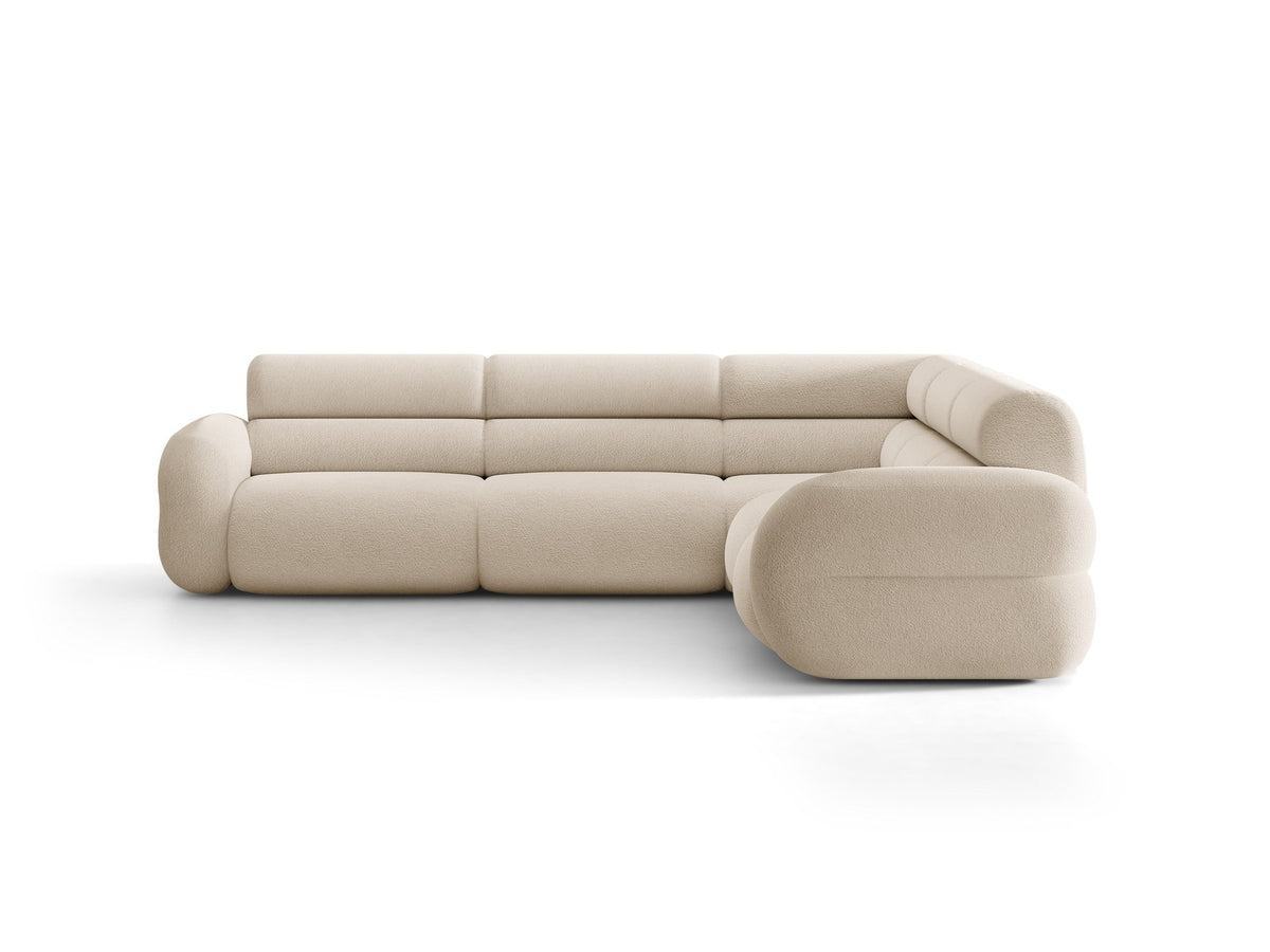 Dunkelolivgrünes modulares Ecksofa Neo von Micadoni mit Bouclé-Stoff, tiefem Sitz und hoher Rückenlehne, symmetrische Eckform.