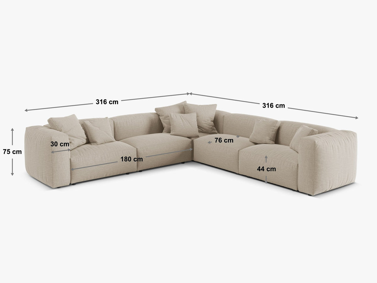Modulares Ecksofa Martina XL von Micadoni in Schokolade mit Veloursstoff-Bezug, schwarzen Kunststoffbeinen und symmetrischer Eckform.