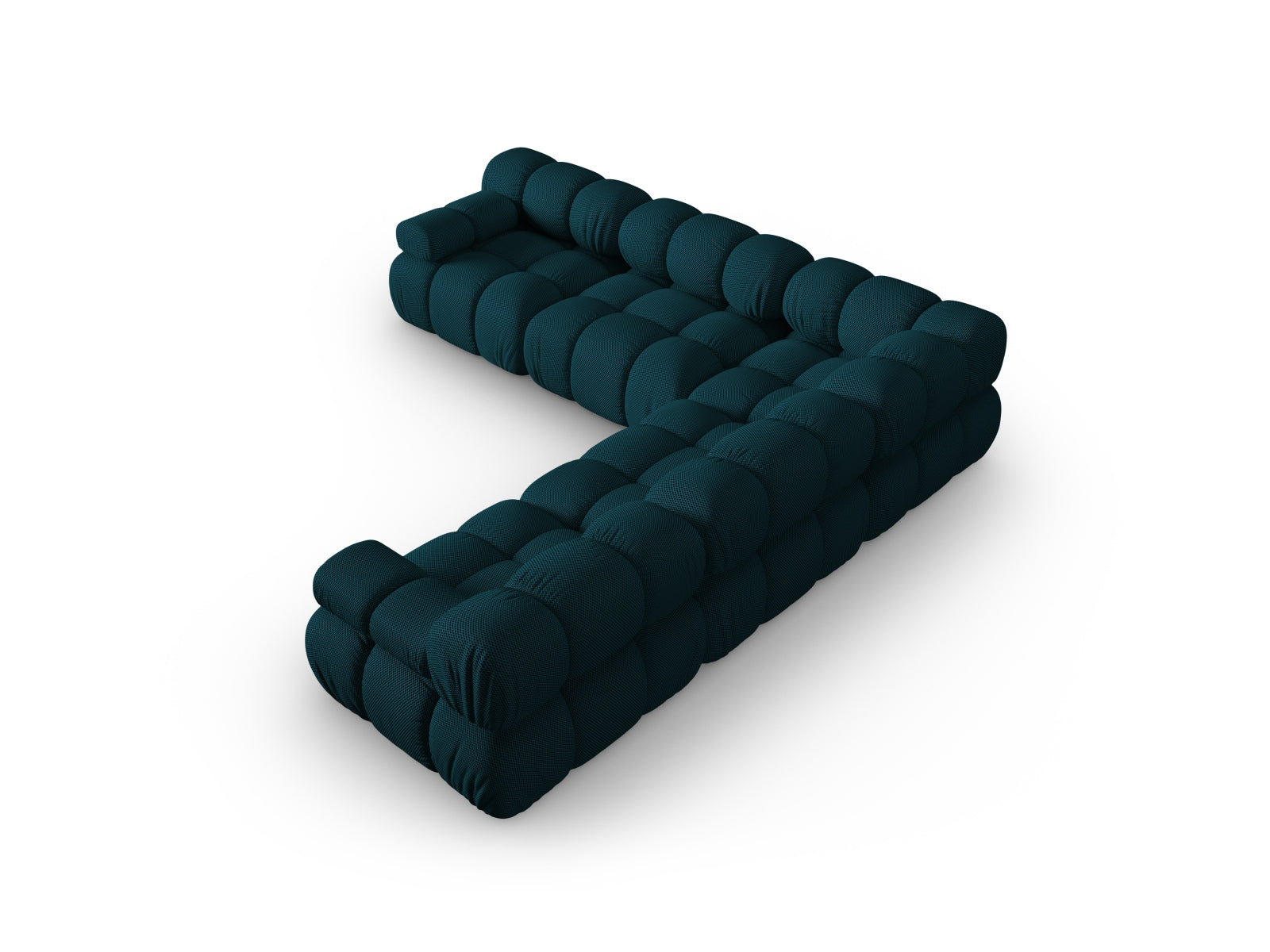 Modernes Bellis Ecksofa in tiefem Blau, 5-Sitzer mit symmetrischer Form, perfekt für gemütliche und stilvolle Wohnzimmer.
