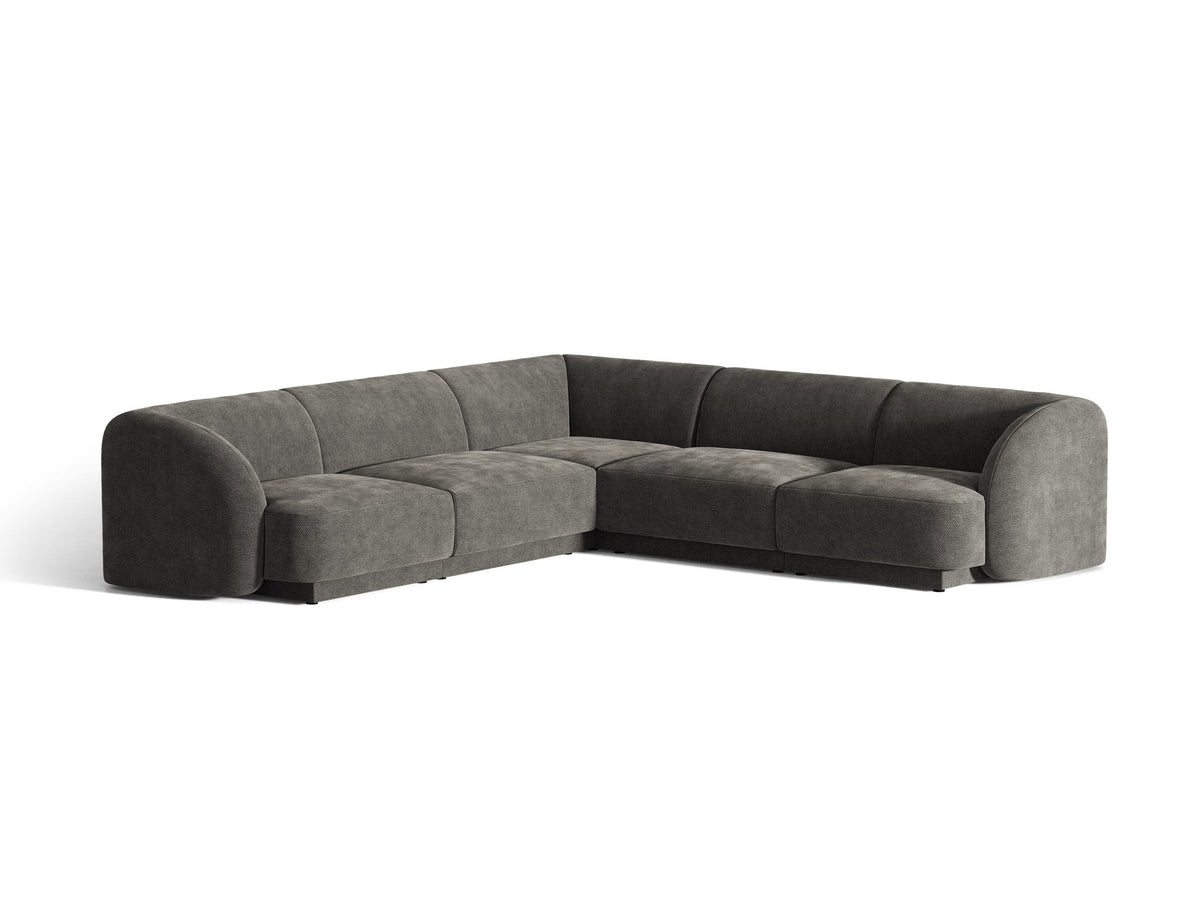 Dunkelbeiges symmetrisches Ecksofa Miley von Micadoni aus Bluvel-Stoff mit schwarzen Kunststoffbeinen, moderne L-Form für Wohnräume.