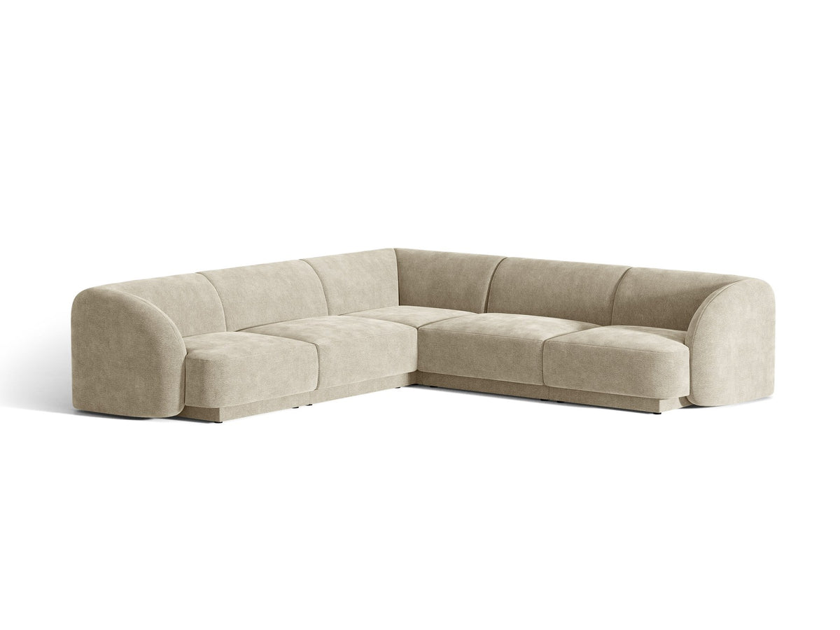Dunkelbeiges symmetrisches Ecksofa Miley von Micadoni aus Bluvel-Stoff mit schwarzen Kunststoffbeinen, moderne L-Form für Wohnräume.