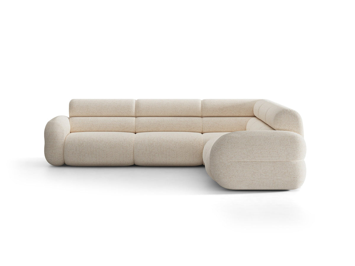 Dunkelolivgrünes modulares Ecksofa Neo von Micadoni mit Bouclé-Stoff, tiefem Sitz und hoher Rückenlehne, symmetrische Eckform.