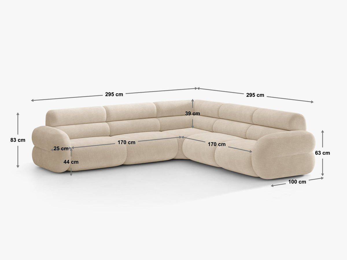 Dunkelolivgrünes modulares Ecksofa Neo von Micadoni mit Bouclé-Stoff, tiefem Sitz und hoher Rückenlehne, symmetrische Eckform.