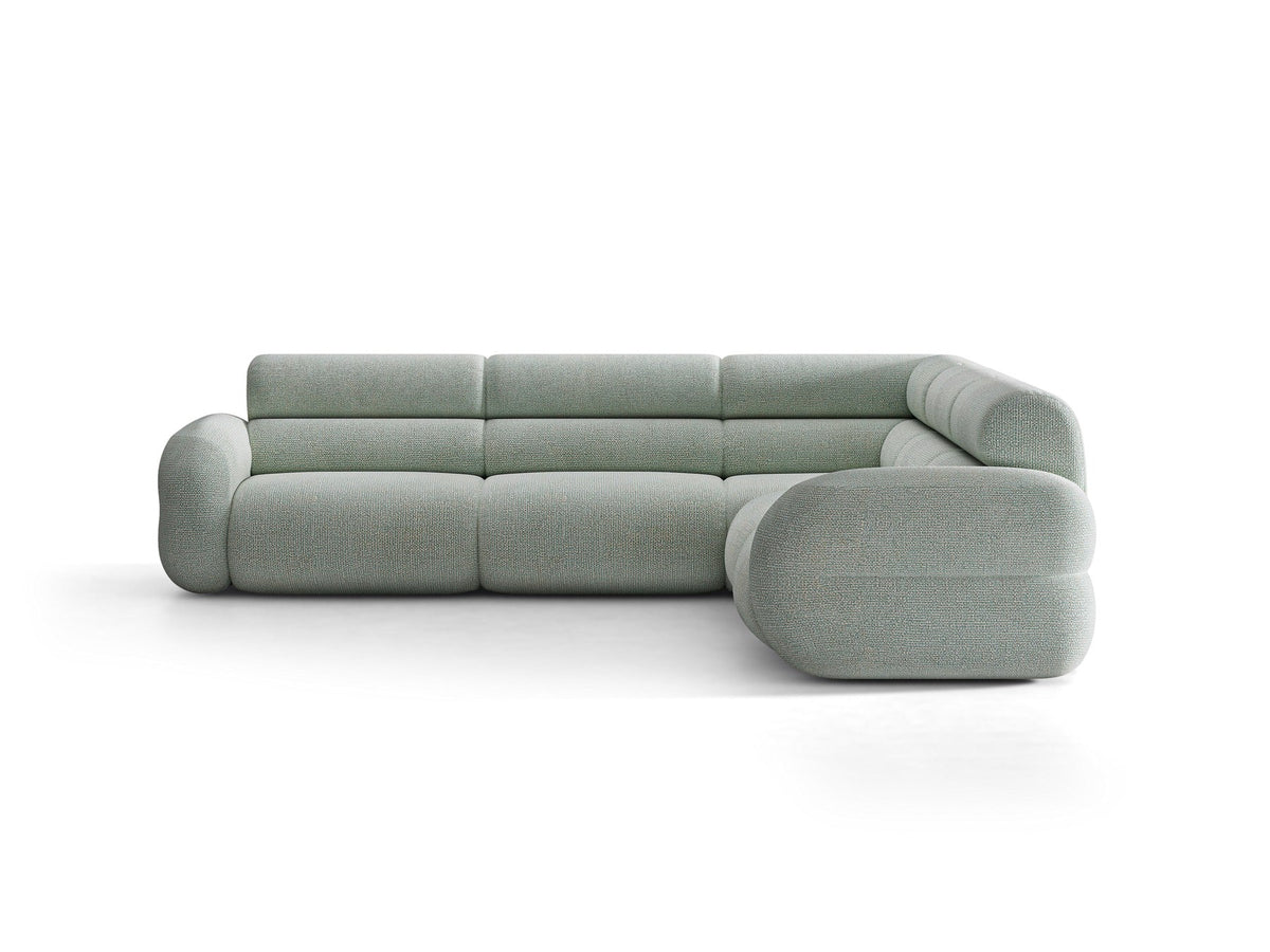 Dunkelolivgrünes modulares Ecksofa Neo von Micadoni mit Bouclé-Stoff, tiefem Sitz und hoher Rückenlehne, symmetrische Eckform.