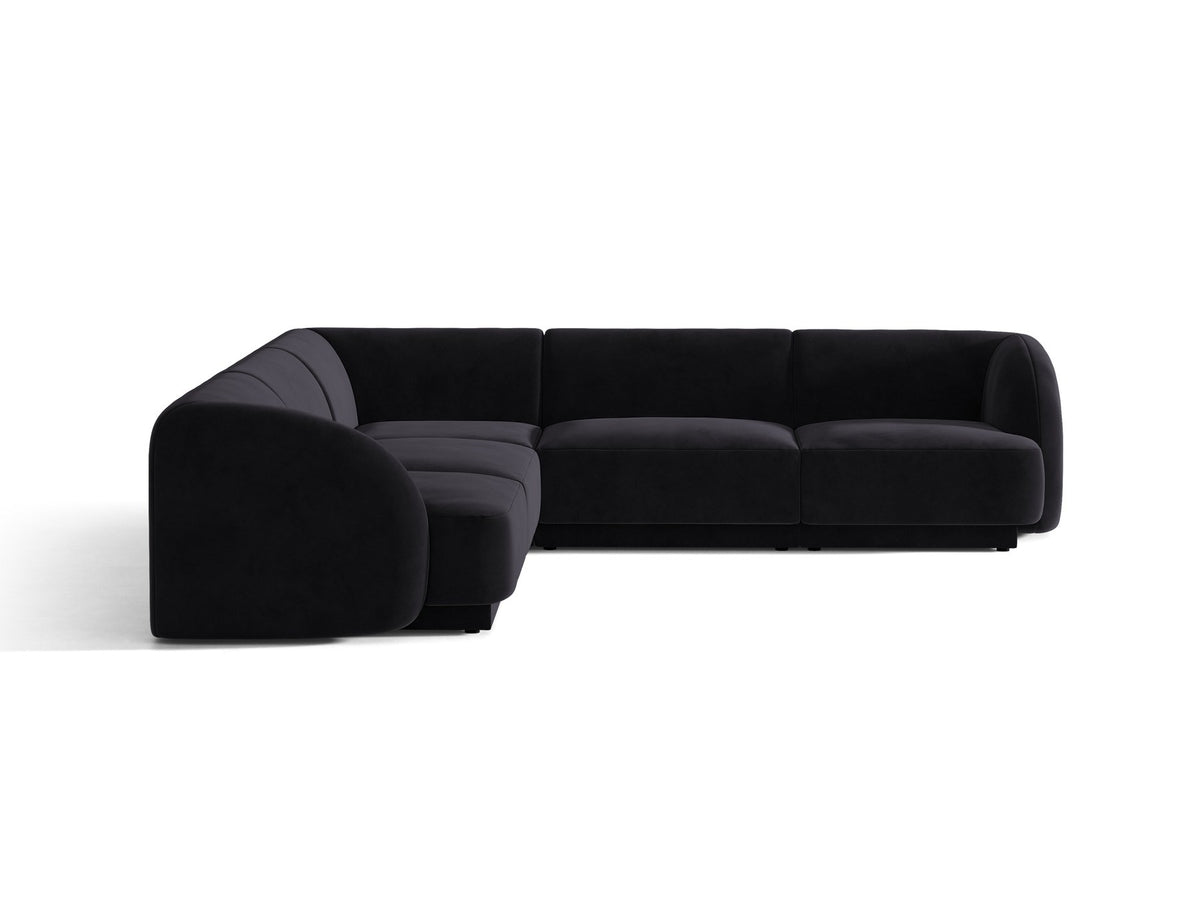 Dunkelbeiges symmetrisches Ecksofa Miley von Micadoni aus Bluvel-Stoff mit schwarzen Kunststoffbeinen, moderne L-Form für Wohnräume.