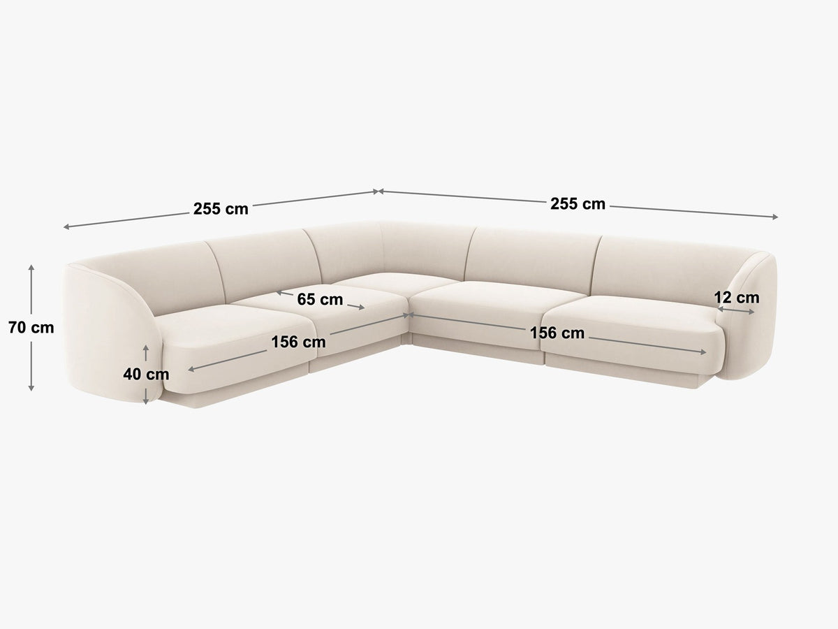 Dunkelbeiges symmetrisches Ecksofa Miley von Micadoni aus Bluvel-Stoff mit schwarzen Kunststoffbeinen, moderne L-Form für Wohnräume.