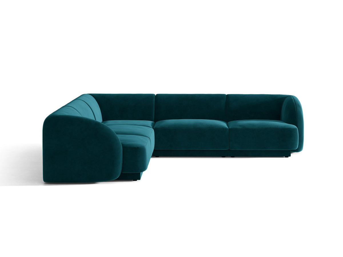 Dunkelbeiges symmetrisches Ecksofa Miley von Micadoni aus Bluvel-Stoff mit schwarzen Kunststoffbeinen, moderne L-Form für Wohnräume.