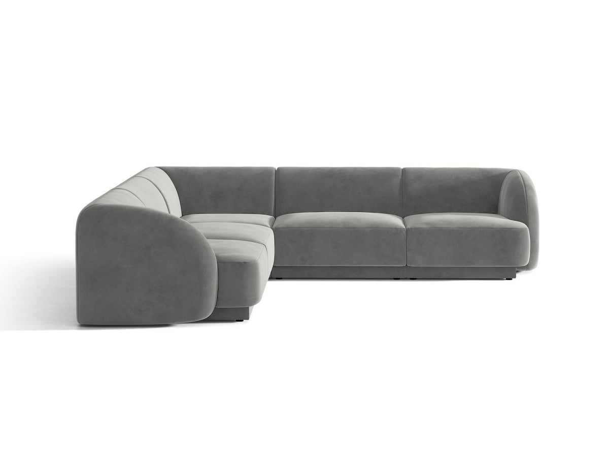 Dunkelbeiges symmetrisches Ecksofa Miley von Micadoni aus Bluvel-Stoff mit schwarzen Kunststoffbeinen, moderne L-Form für Wohnräume.