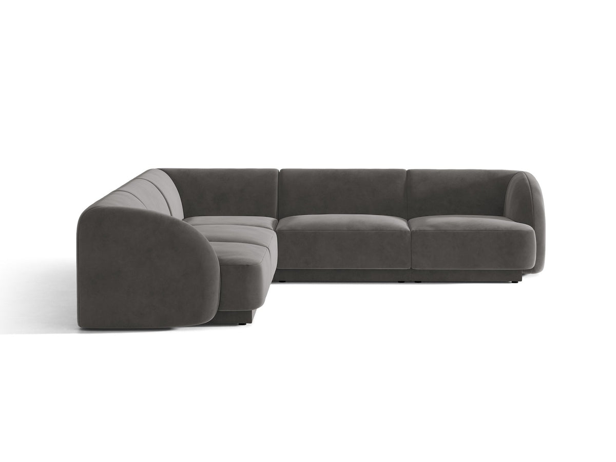 Dunkelbeiges symmetrisches Ecksofa Miley von Micadoni aus Bluvel-Stoff mit schwarzen Kunststoffbeinen, moderne L-Form für Wohnräume.
