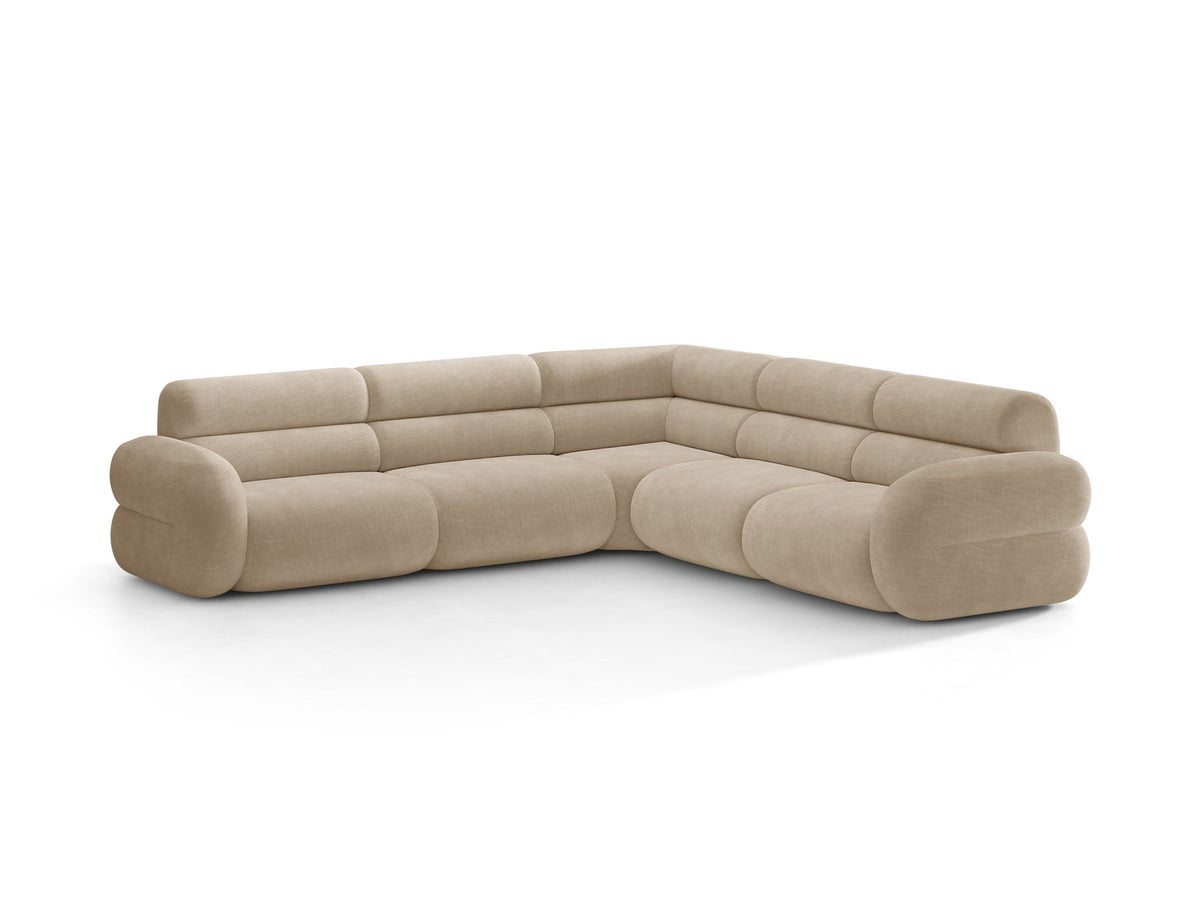 Dunkelolivgrünes modulares Ecksofa Neo von Micadoni mit Bouclé-Stoff, tiefem Sitz und hoher Rückenlehne, symmetrische Eckform.