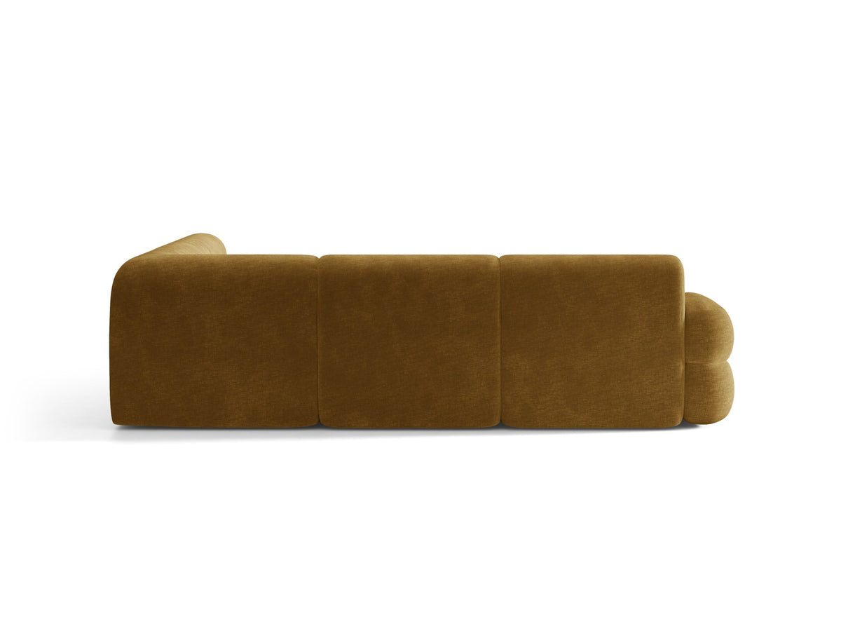 Dunkelolivgrünes modulares Ecksofa Neo von Micadoni mit Bouclé-Stoff, tiefem Sitz und hoher Rückenlehne, symmetrische Eckform.